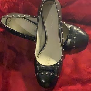 Franco Sarto Black chunky heel pumps with metal stud detail& front bow Size 10